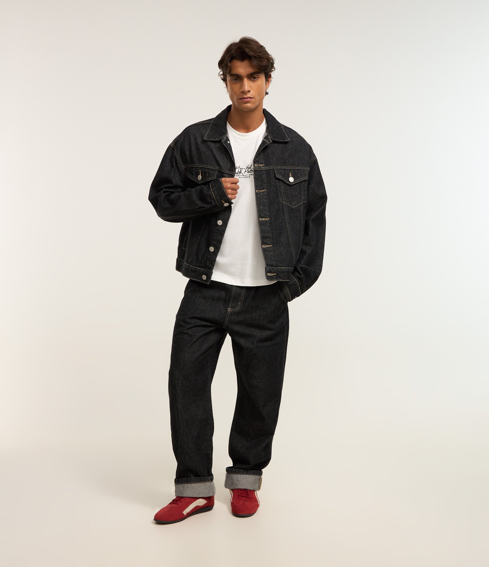 Calça Baggy em Jeans com Barra Dobrada Preto 1