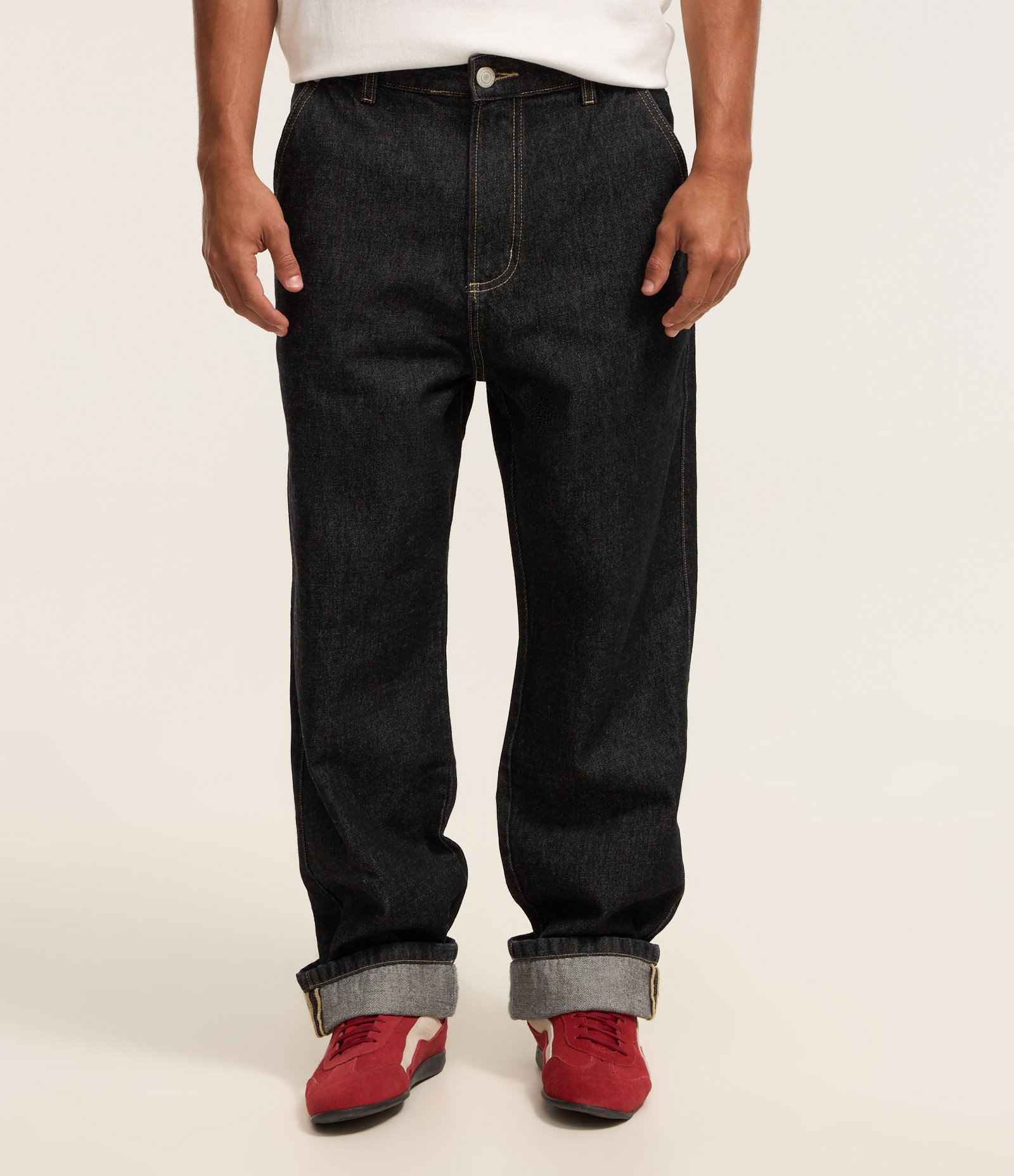 Calça Baggy em Jeans com Barra Dobrada Preto 2