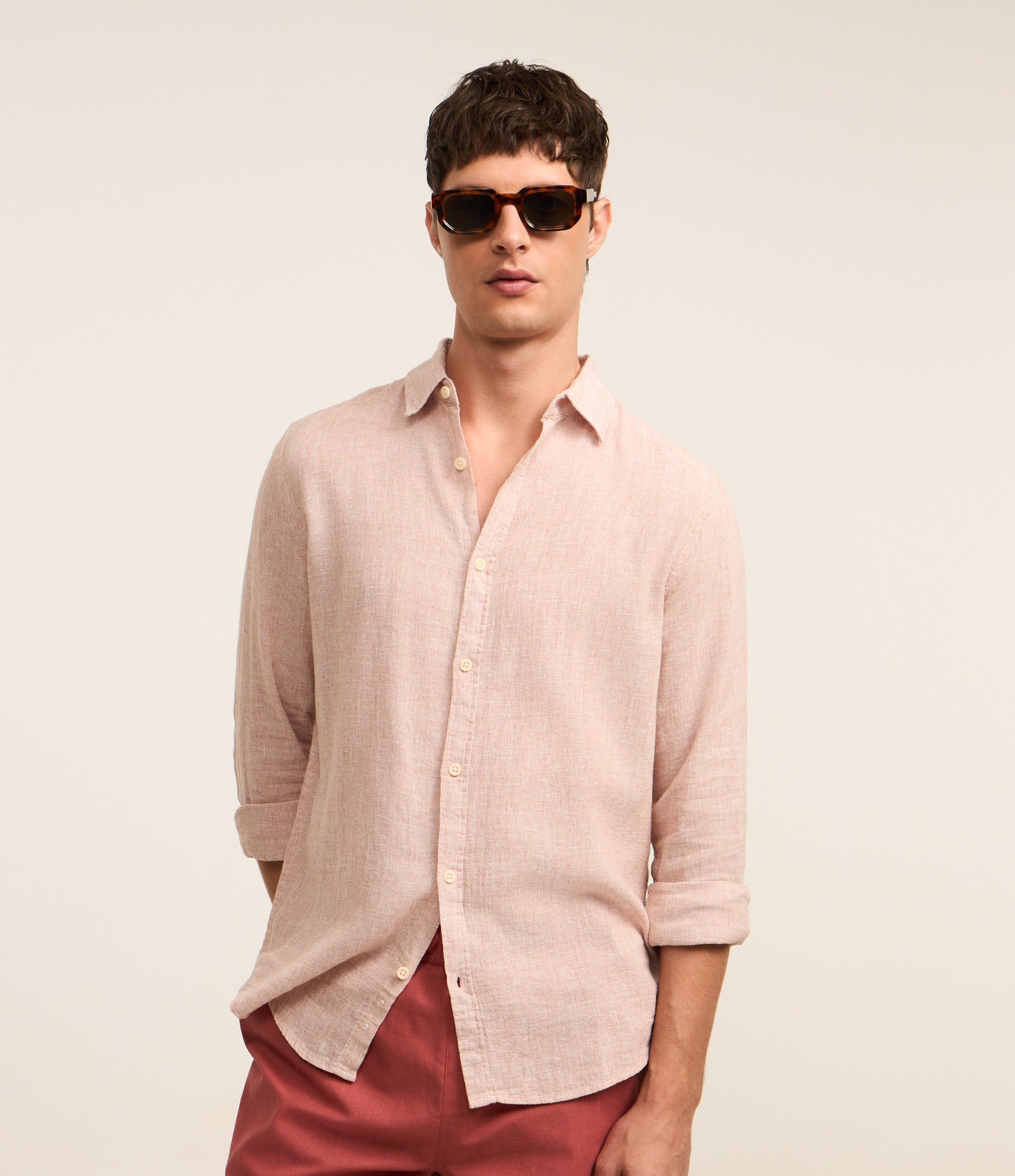 Camisa com Linho Gola Colarinho e Abotoamento Bege 1