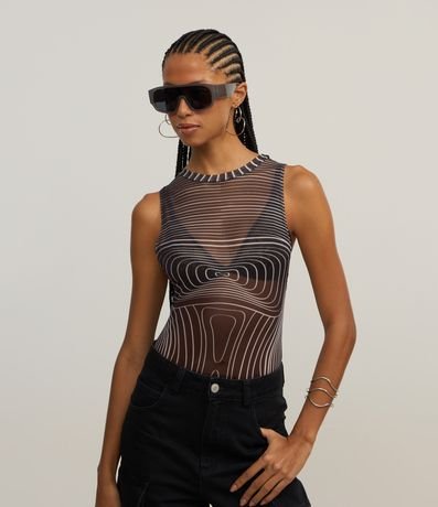 Body em Tule com Estampa em Linhas Geométricas Body em Tule com Estampa em Linhas Geométricas