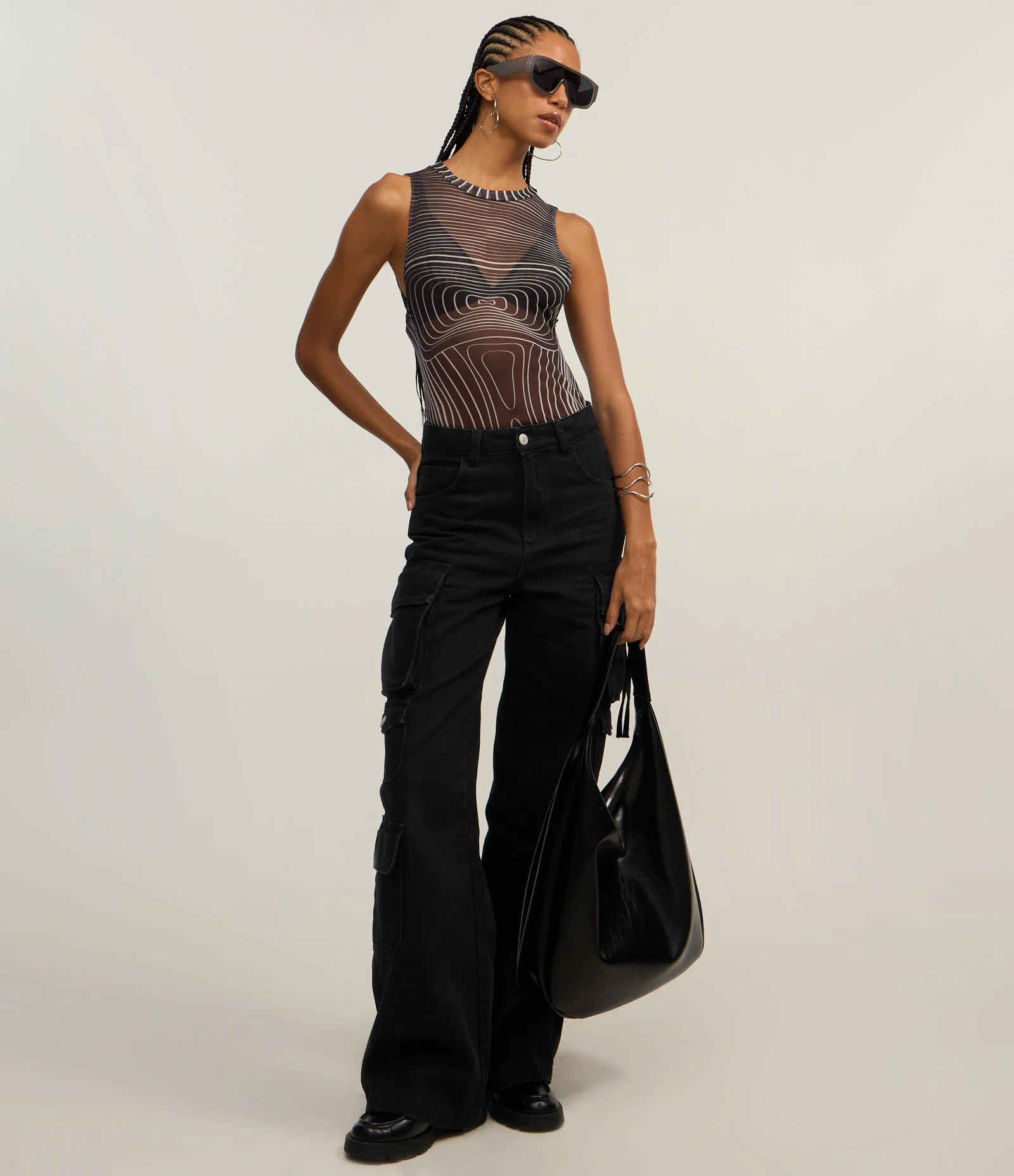 Body em Tule com Estampa em Linhas Geométricas Preto 2