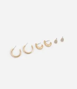 Kit 03 Brincos sendo Argolas e Botão com Revestimento Brilhante