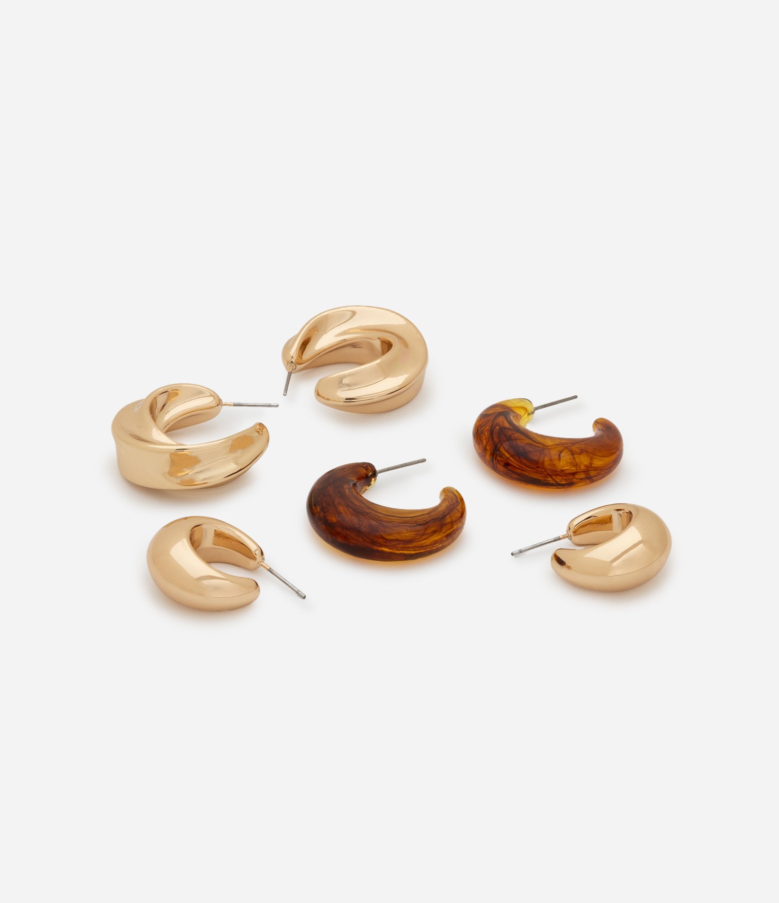 Kit 03 Brincos Argolas com Formas e Cores Diversas Dourado 2