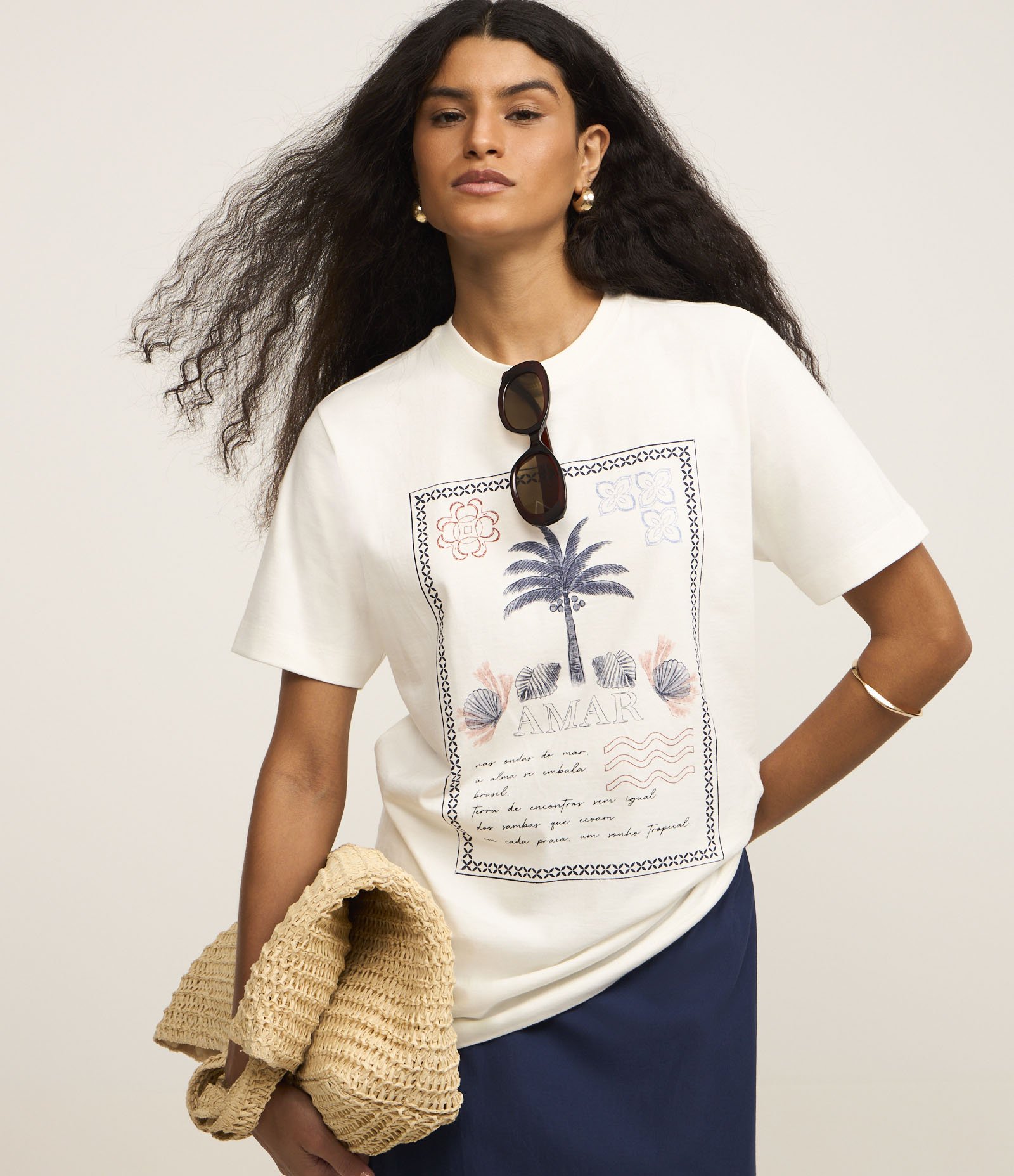 Camiseta em Algodão com Estampa de Coqueiro Branco 1