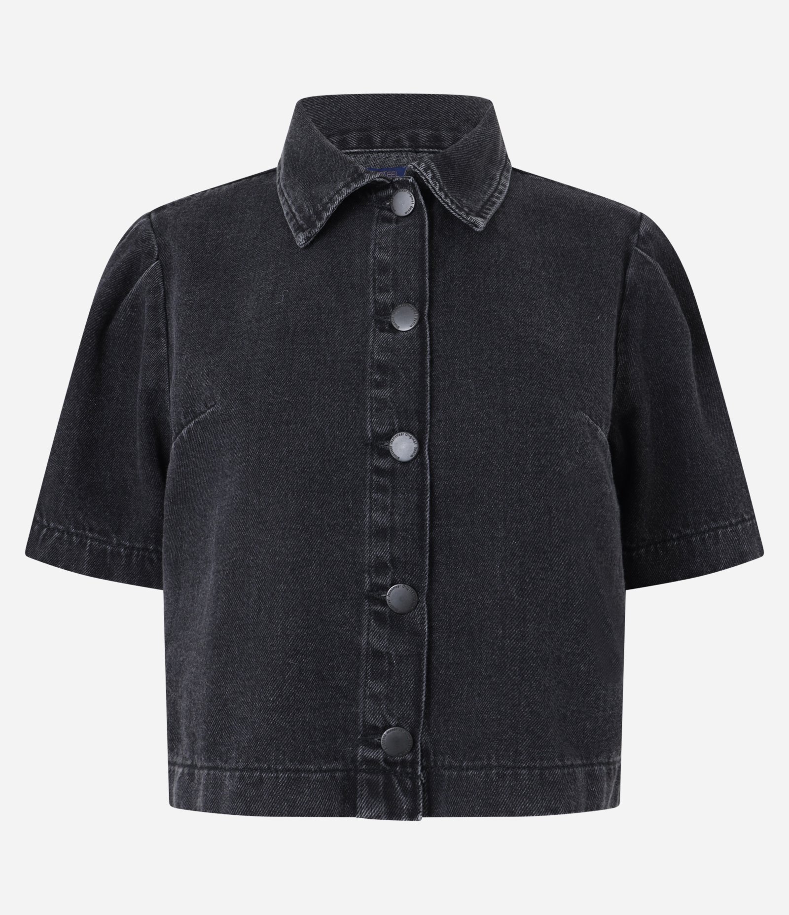 Camisa Cropped Jeans com Manga Bufante Azul Escuro 5