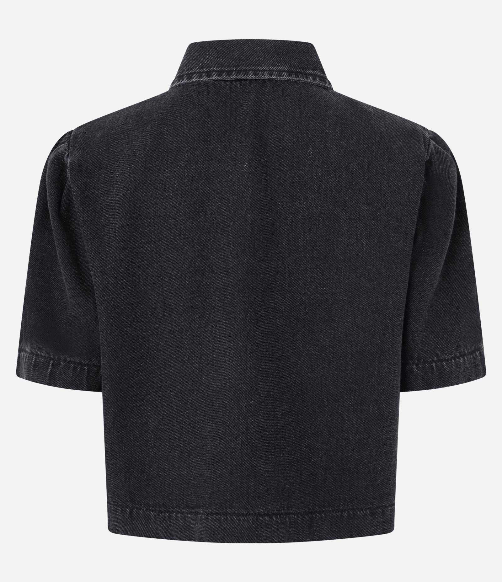 Camisa Cropped Jeans com Manga Bufante Azul Escuro 6