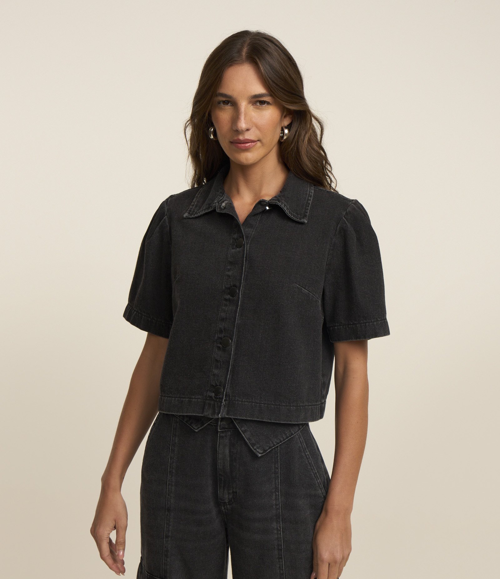 Camisa Cropped Jeans com Manga Bufante Azul Escuro 1