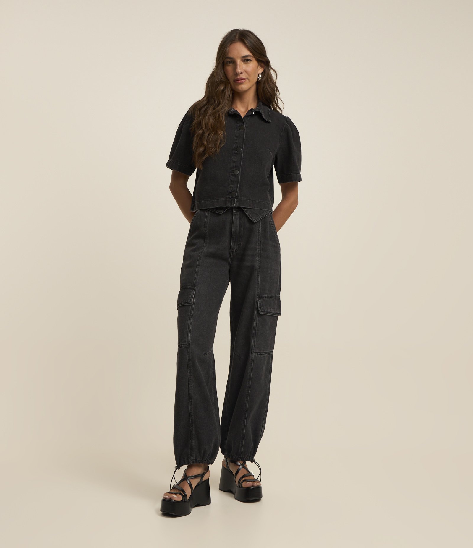 Camisa Cropped Jeans com Manga Bufante Azul Escuro 2