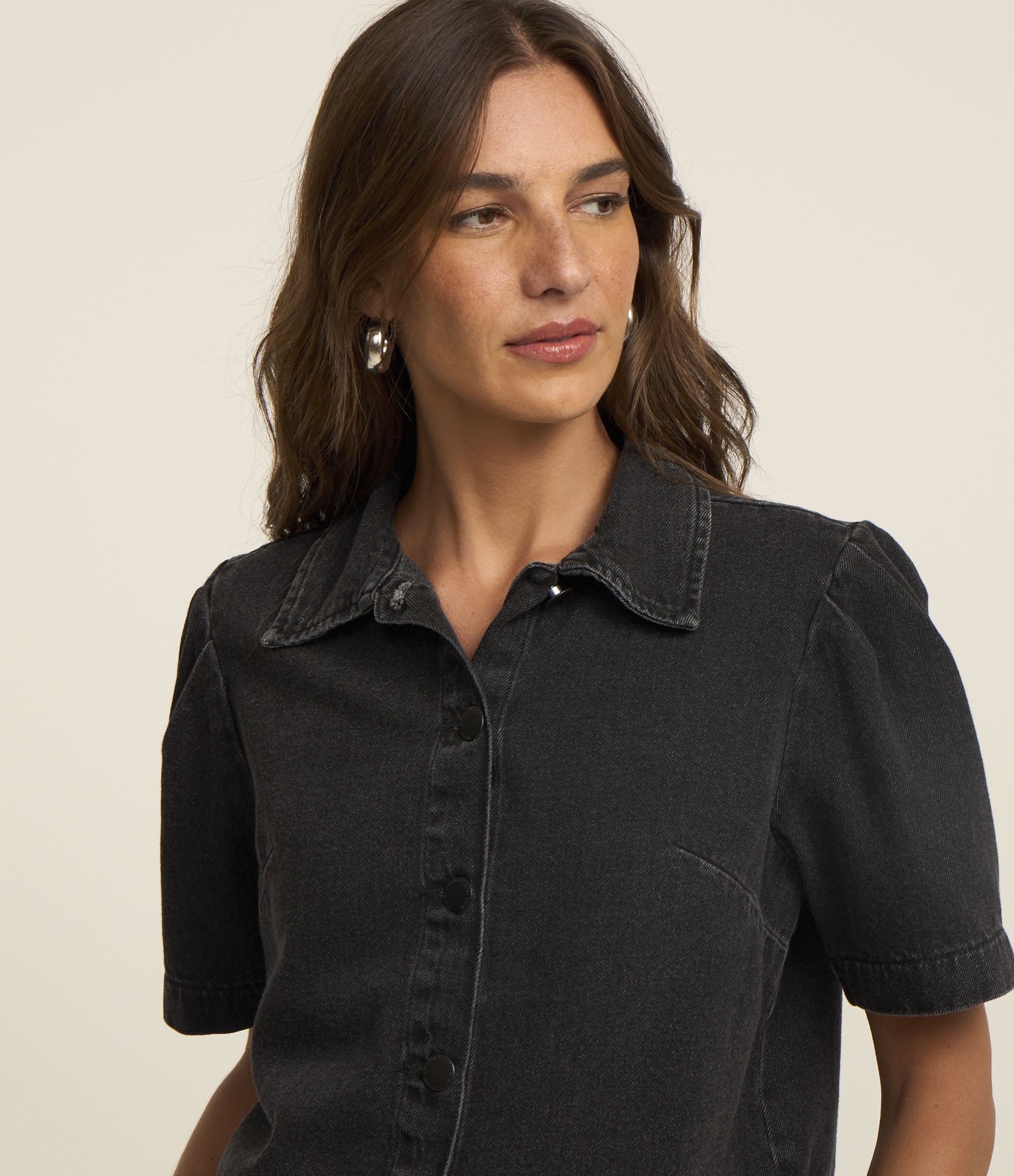 Camisa Cropped Jeans com Manga Bufante Azul Escuro 4