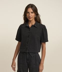 Camisa Cropped Jeans com Manga Bufante