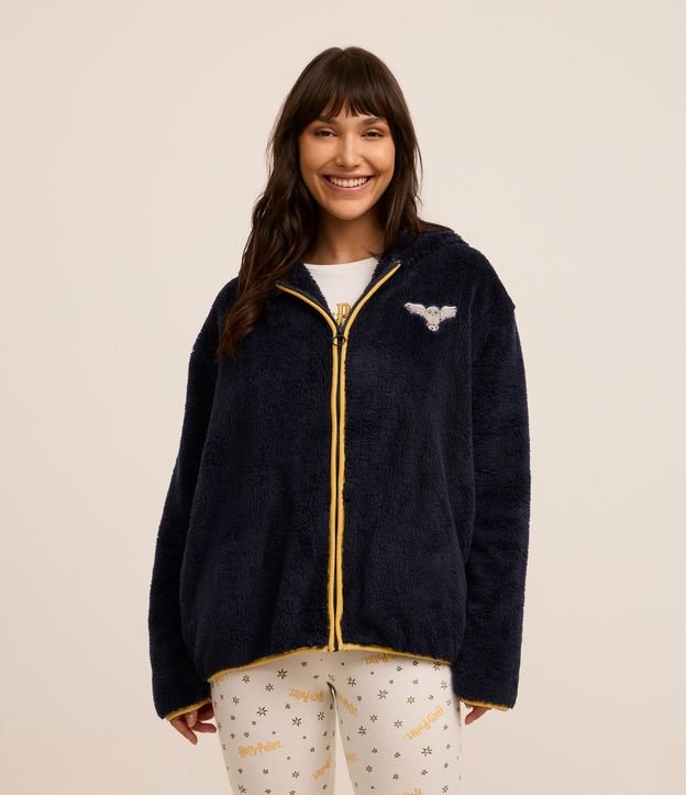 Robe Curto em Fleece com Zíper e Capuz com Coruja Harry Potter