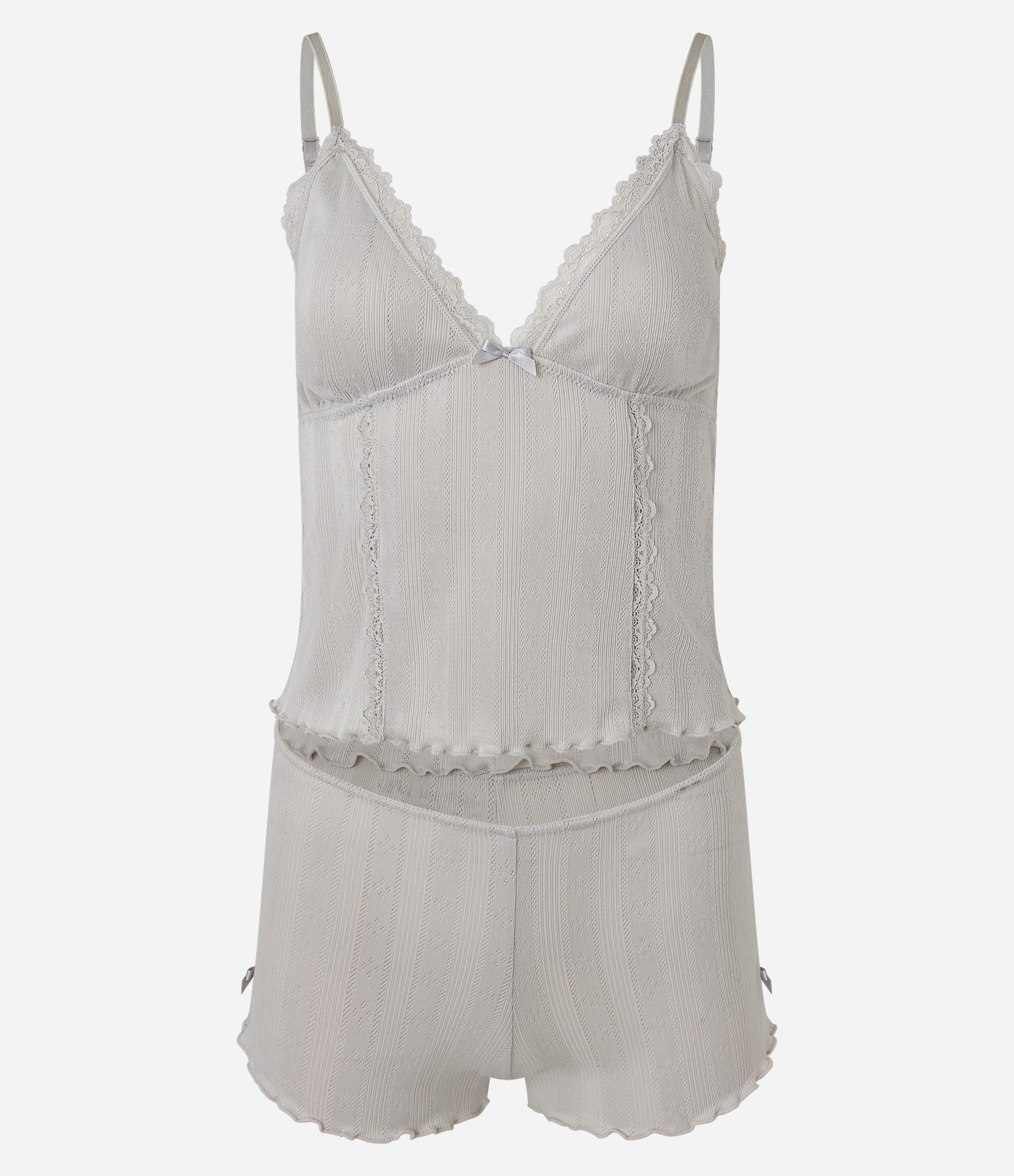 Pijama Short Doll Alcinha em Pointelle com Detalhes em Rendinha Cinza 5