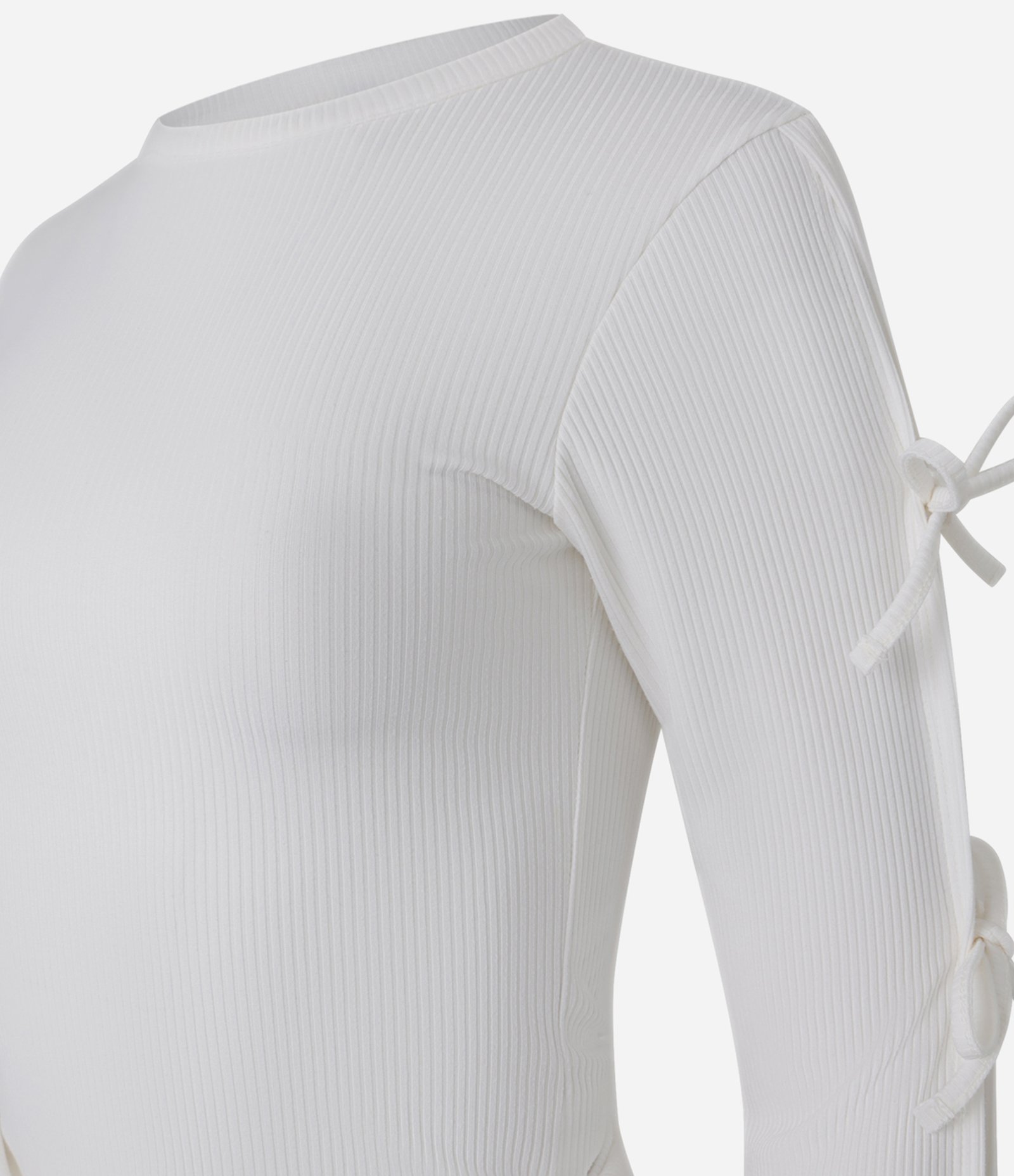 Blusa Canelada em Ribana com Lacinhos nas Mangas Off White 5