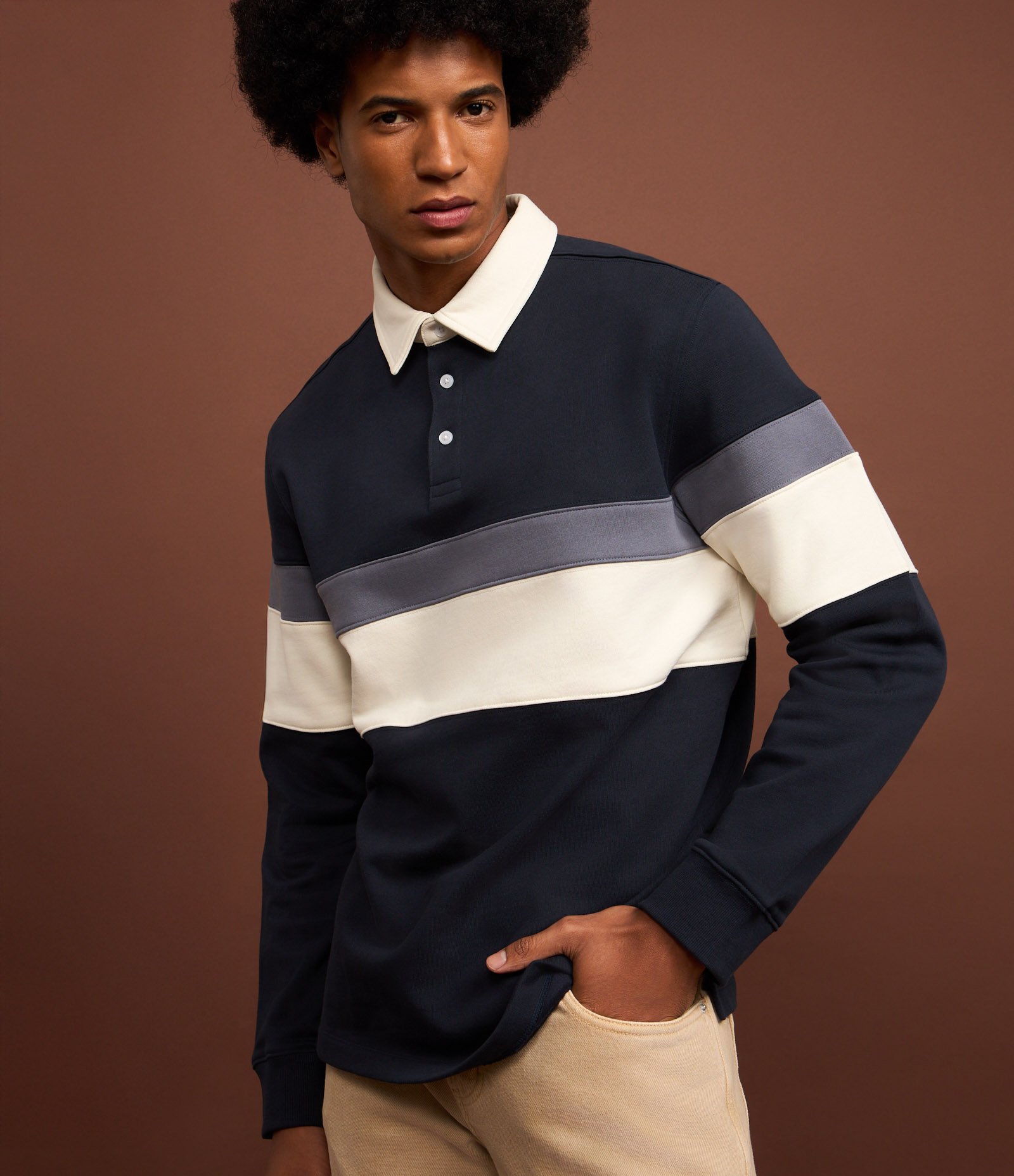 Casaco Moletom com Gola Polo Estampa Bloco de Cor Azul 6