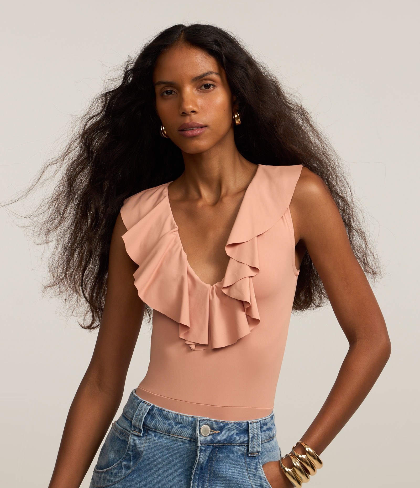 Body em Microfibra com Babado no Decote Rosê 1