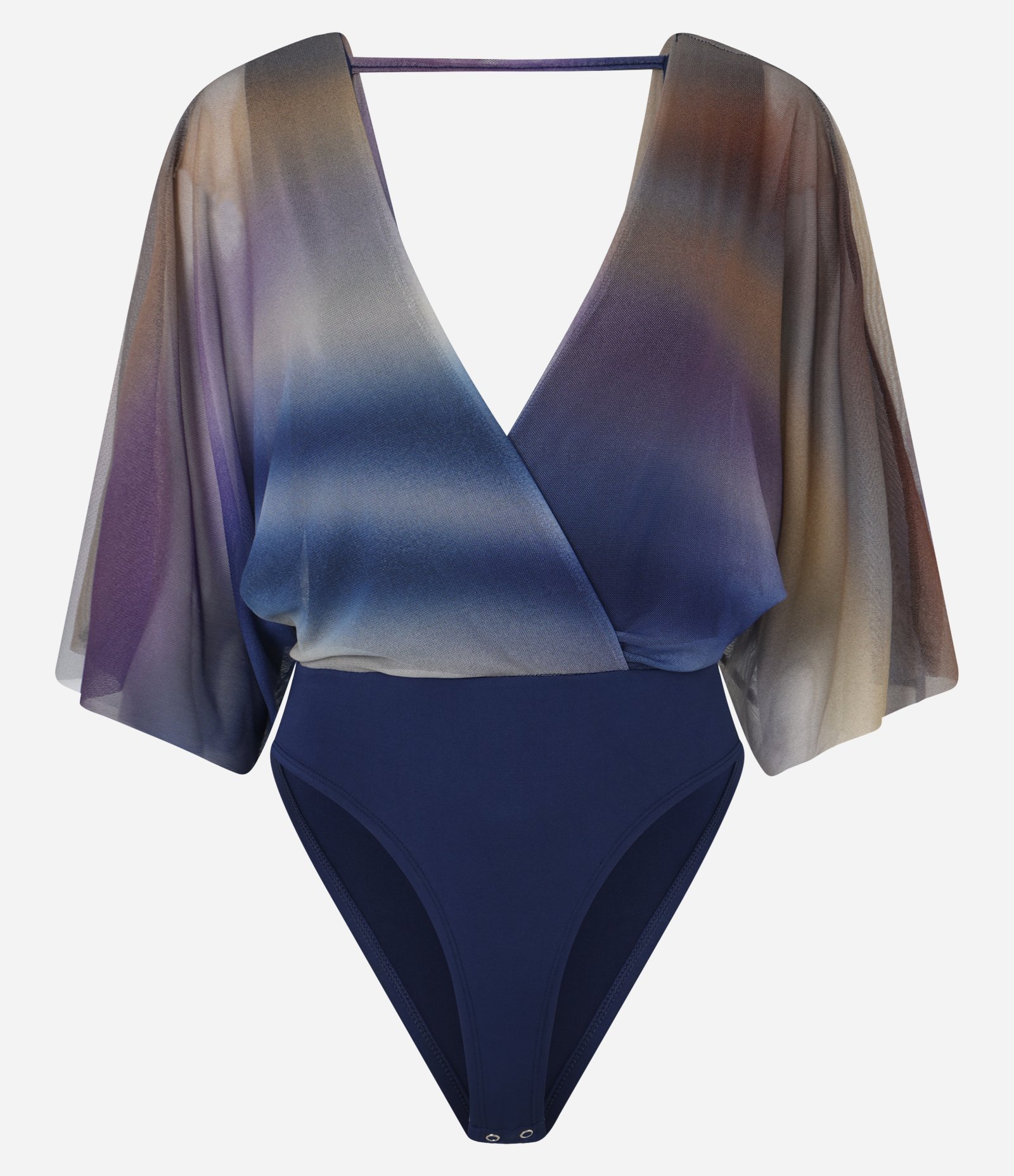 Body em Tule Transpassado com Decote em V Degradê Azul/Marrom/Lilás 4