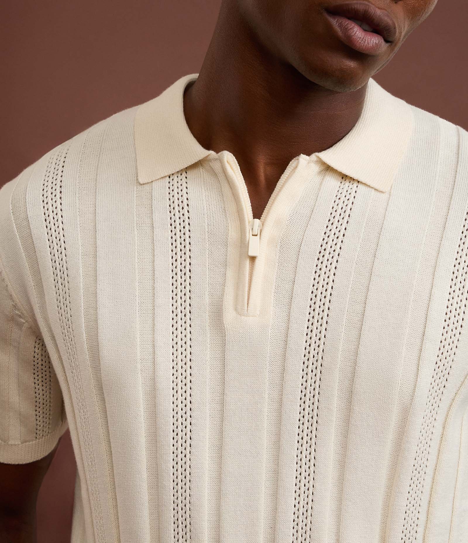 Camisa Gola Polo com Zíper em Algodão Texturizada Bege 3