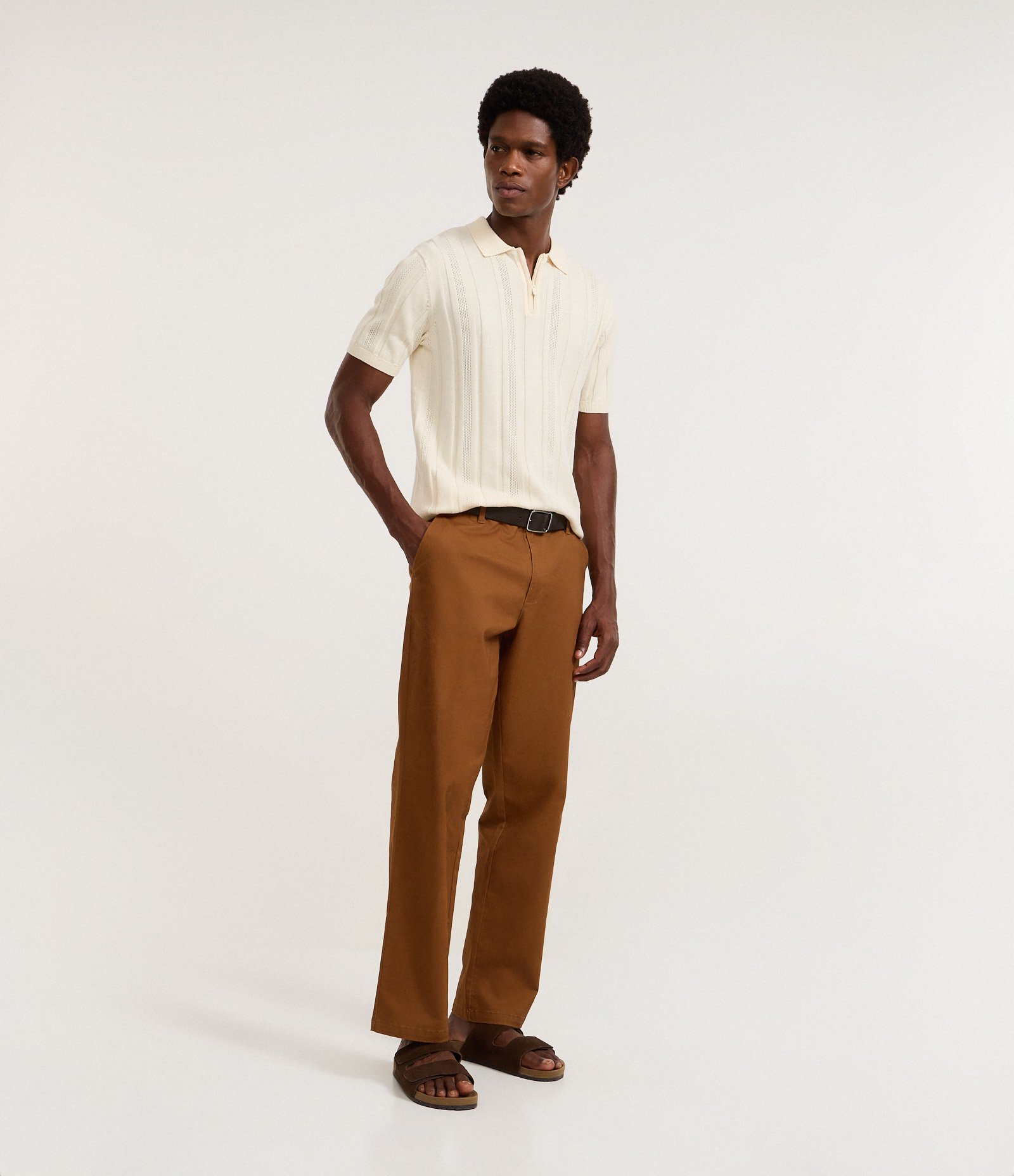 Camisa Gola Polo com Zíper em Algodão Texturizada Bege 4