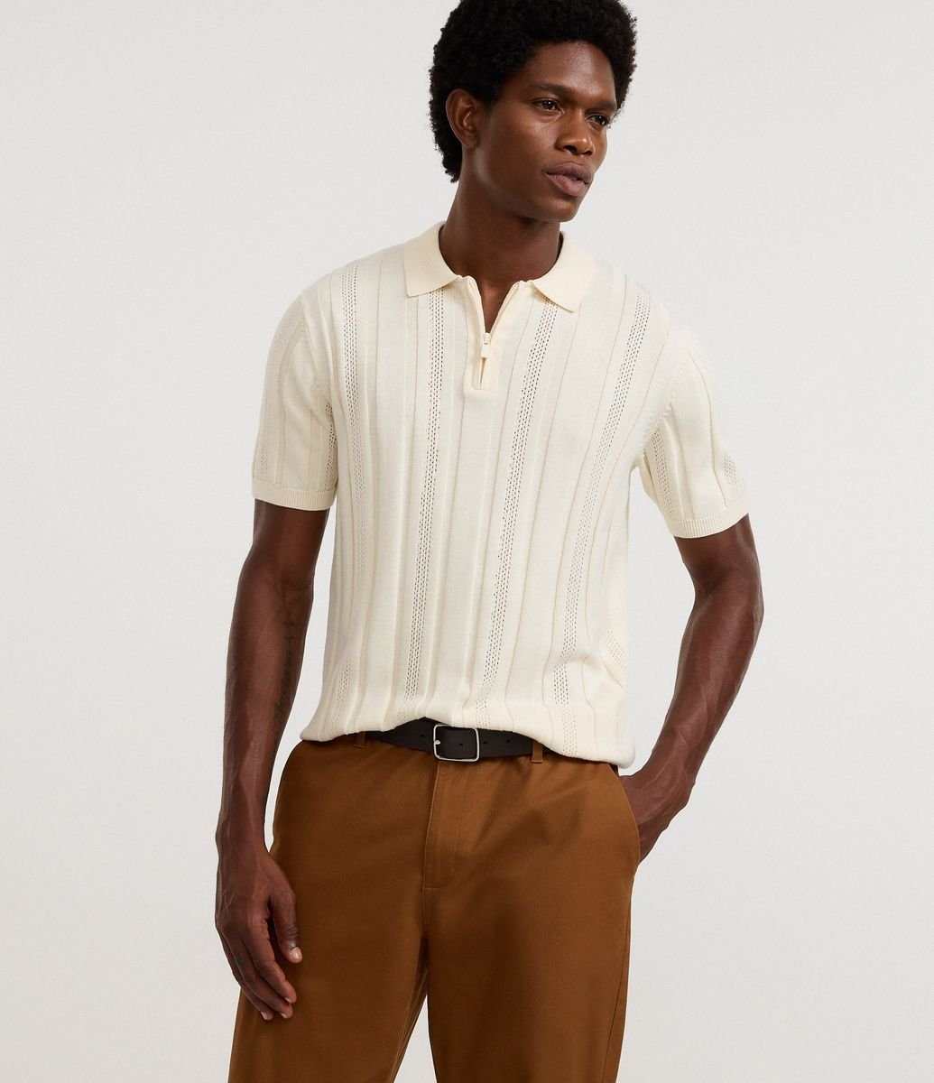 Camisa Gola Polo com Zíper em Algodão Texturizada Bege