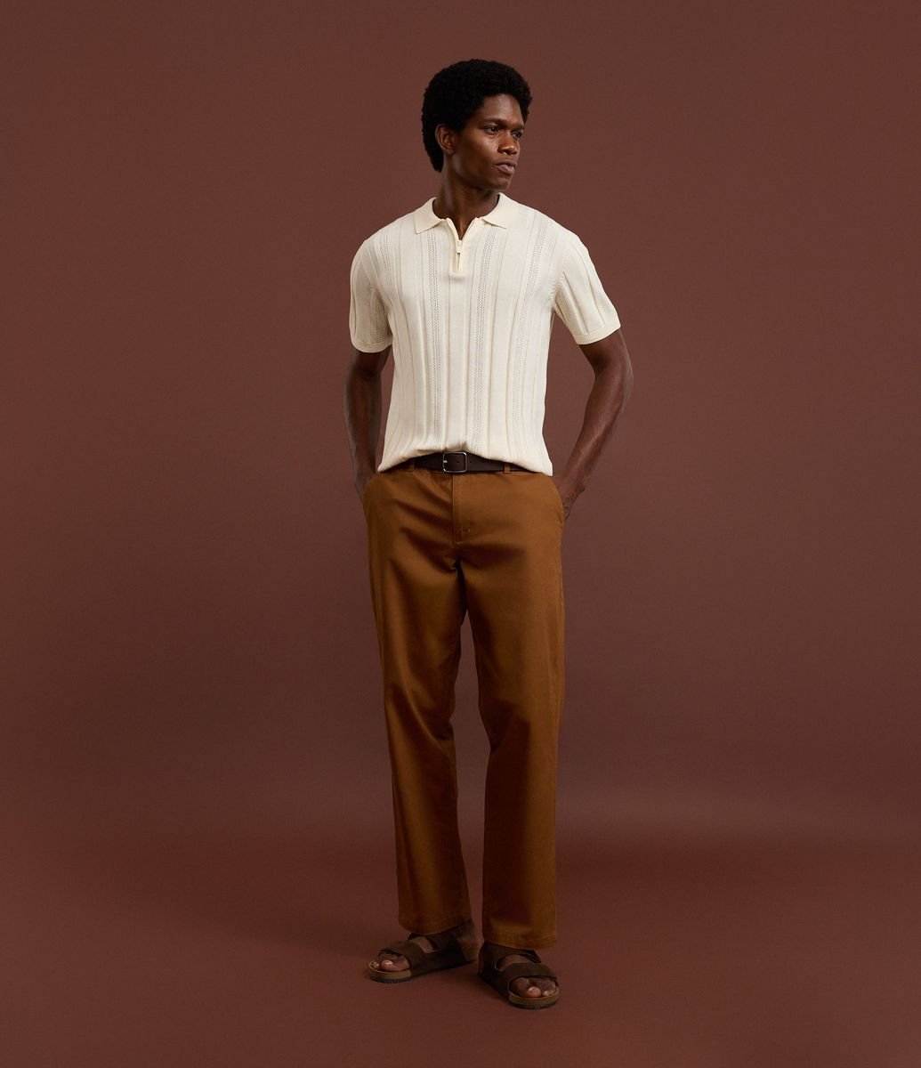 Camisa Polo Texturizada em Algodão com Zíper Bege