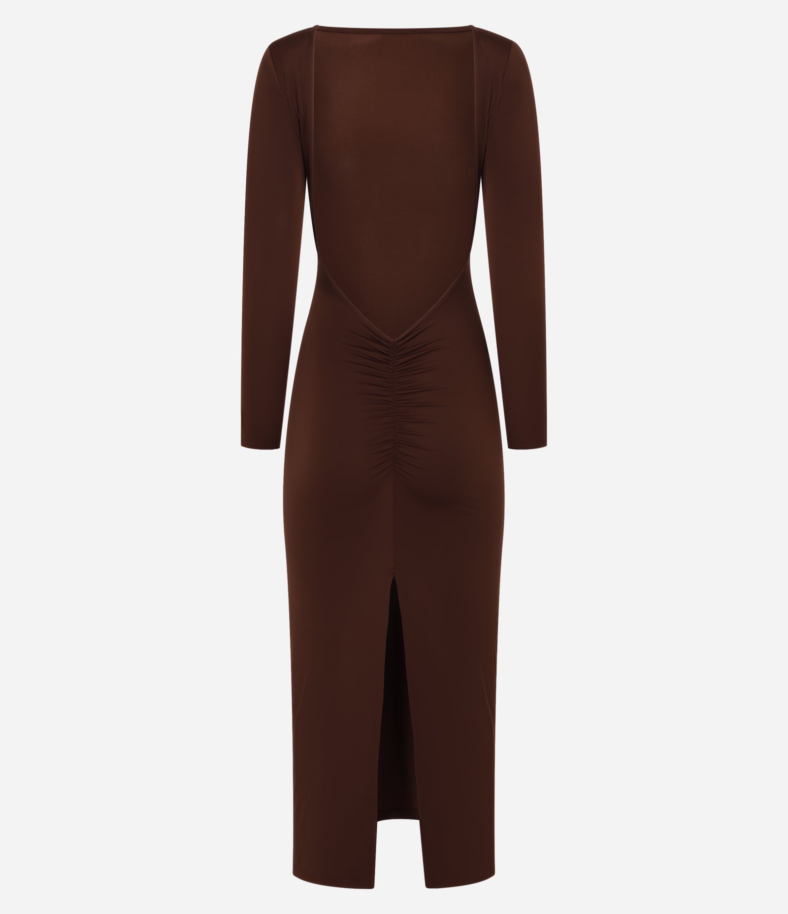 Vestido New Midi com Decote nas Costas e Fenda Marrom Chocolate 7