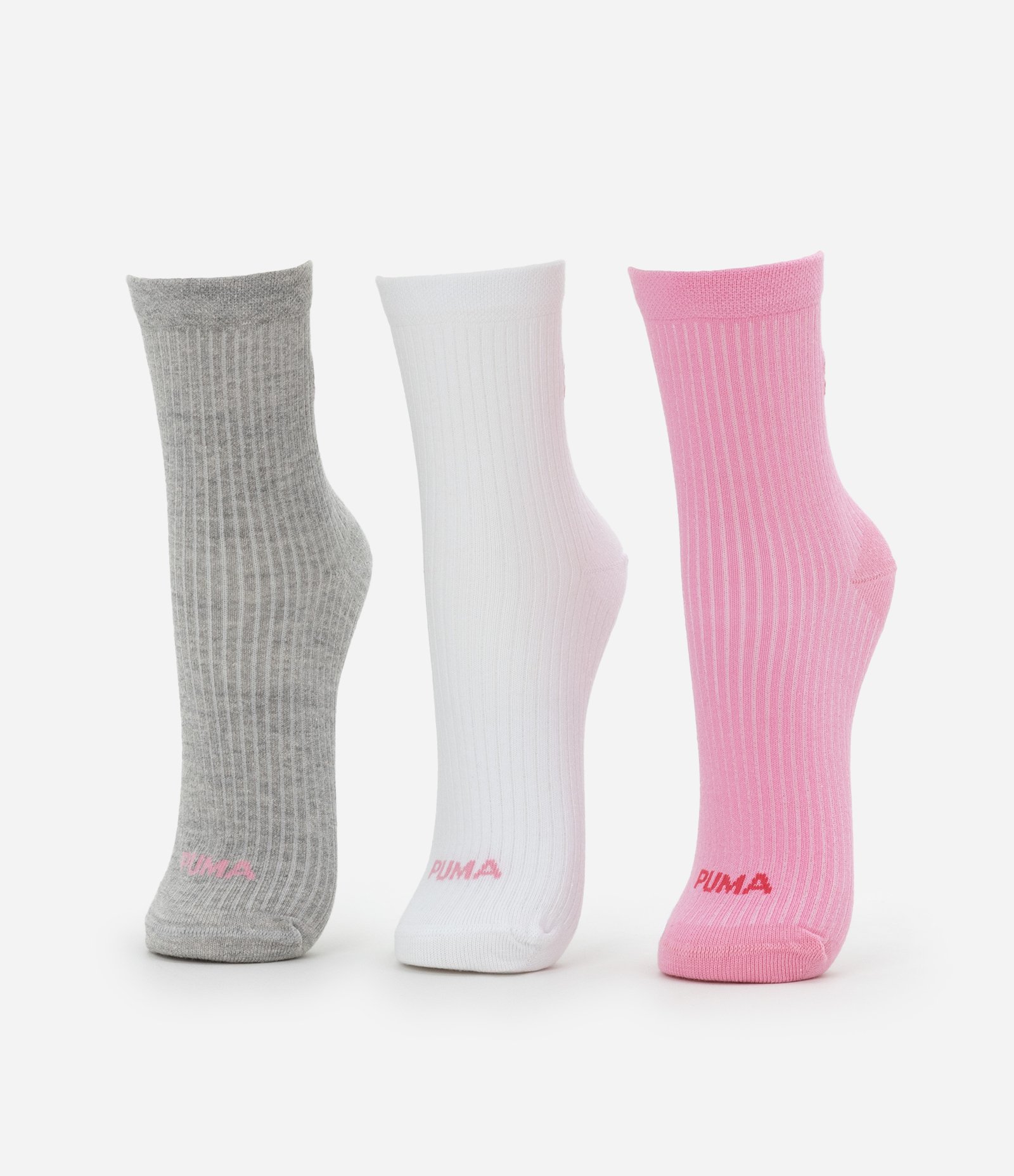 Kit 03 Meias Cano Médio em Algodão com Listras Puma Rosa/Cinza/Branco 1