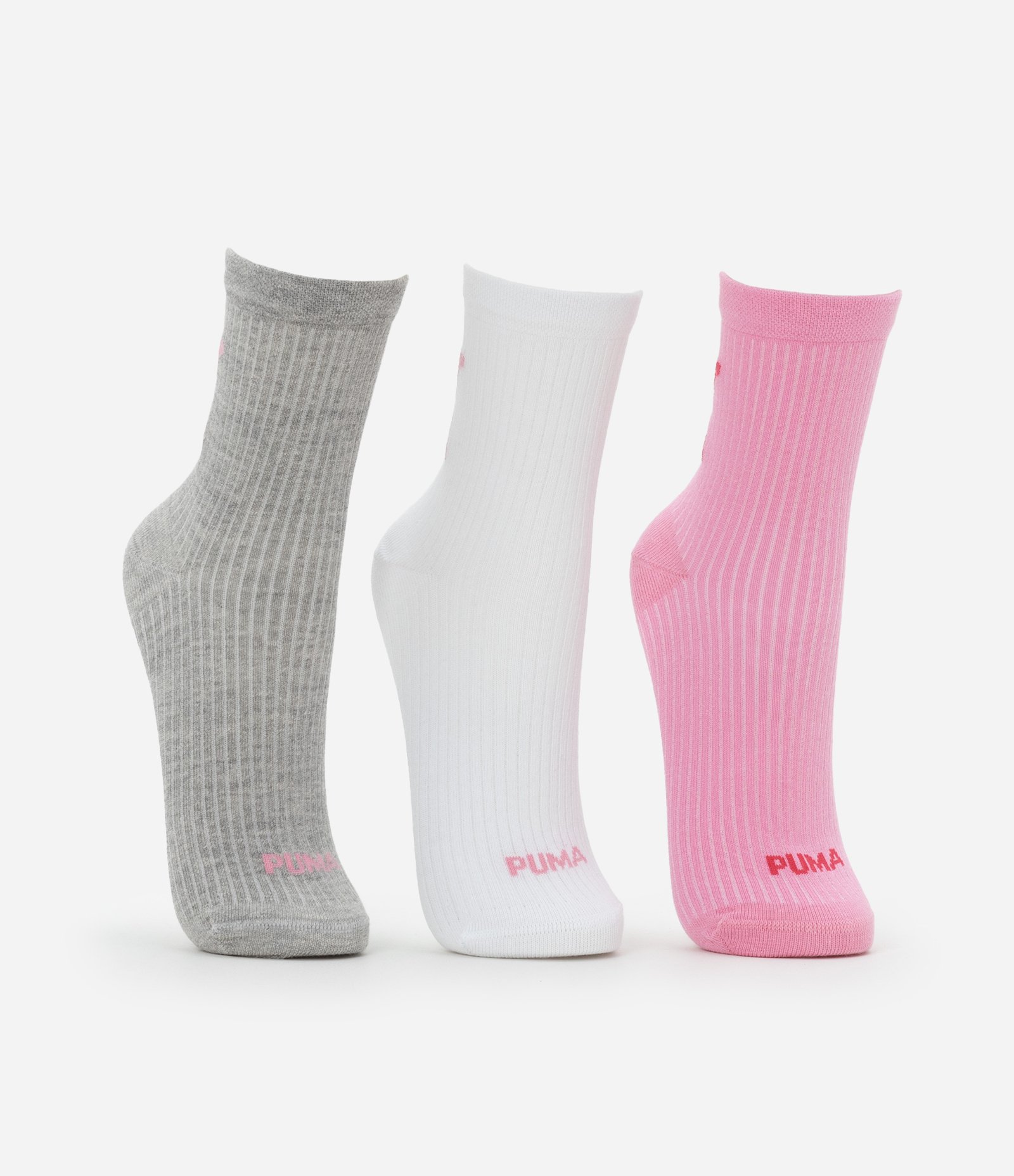 Kit 03 Meias Cano Médio em Algodão com Listras Puma Rosa/Cinza/Branco 2
