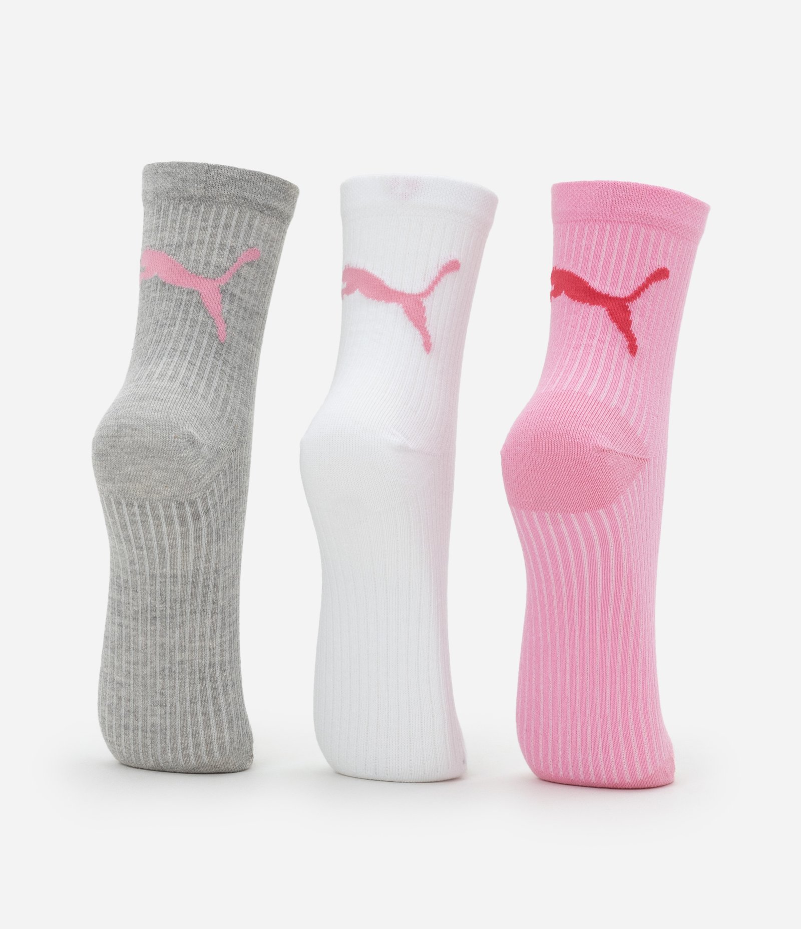 Kit 03 Meias Cano Médio em Algodão com Listras Puma Rosa/Cinza/Branco 3