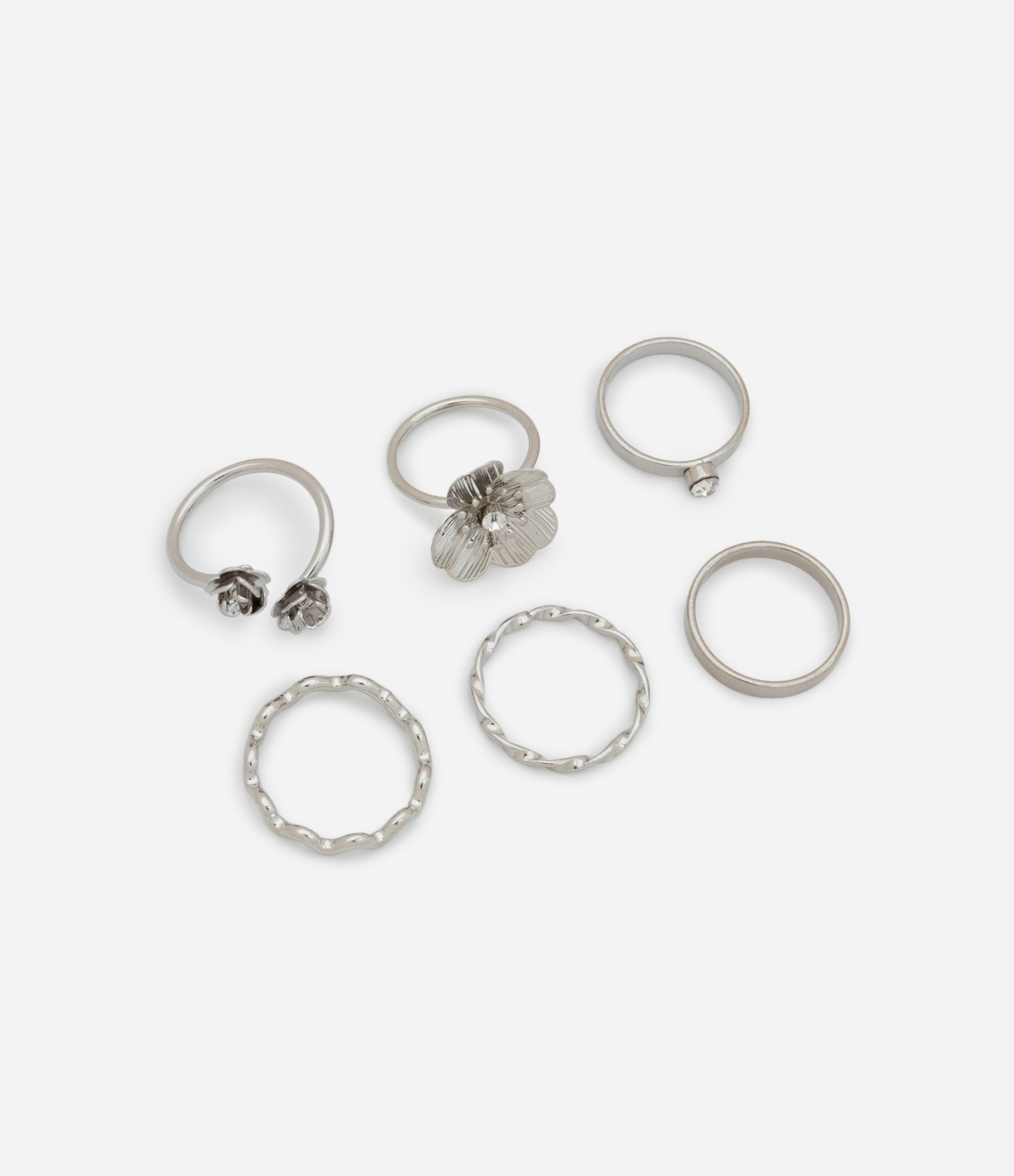Kit 06 Anéis com Flores e Modelos Variados Prata 2
