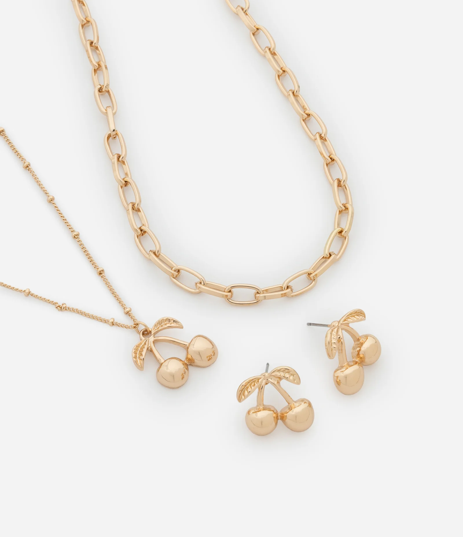 Conjunto de Colar Camadas e Brincos com Pingente de Cerejas Dourado 1