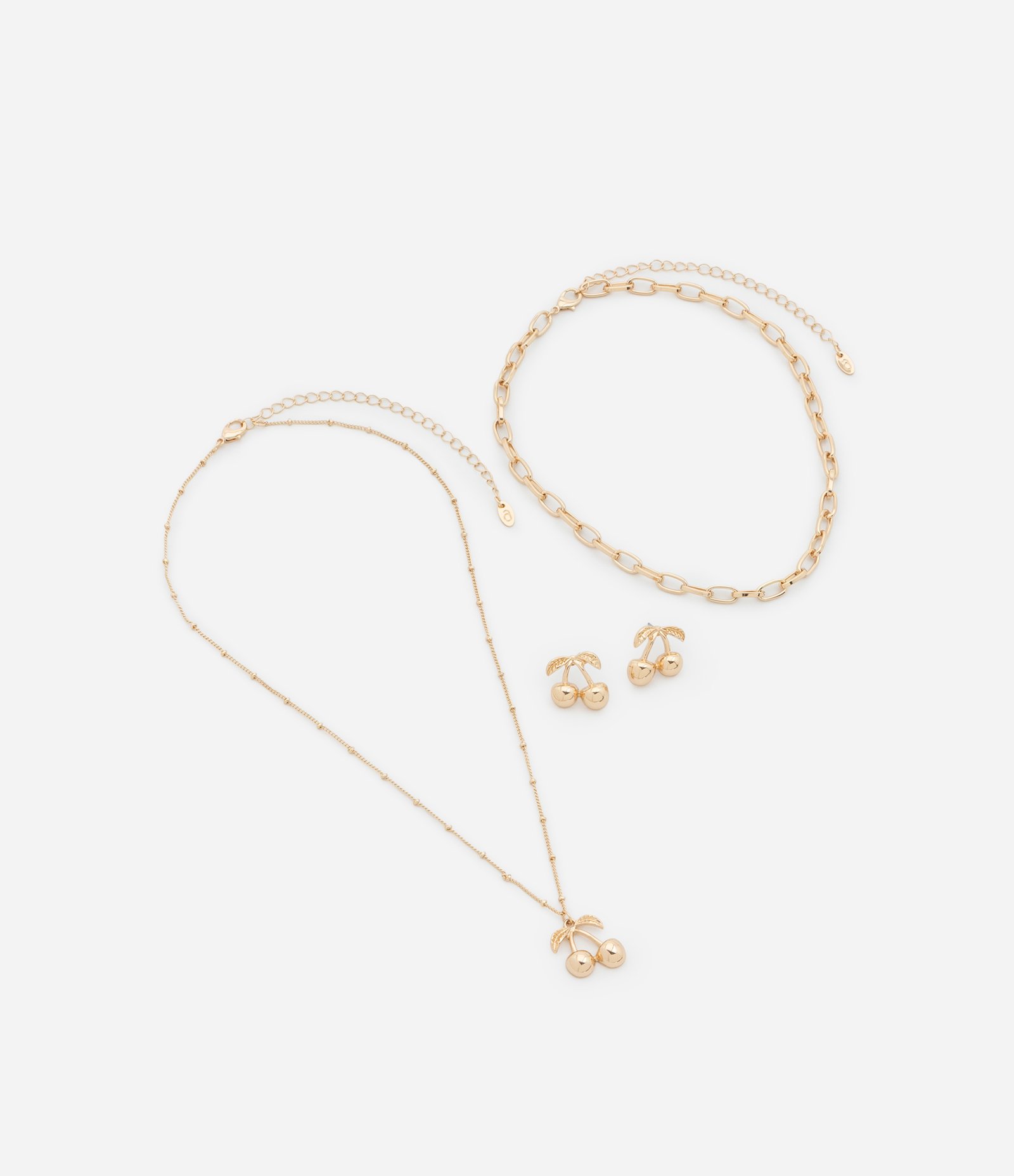 Conjunto de Colar Camadas e Brincos com Pingente de Cerejas Dourado 2