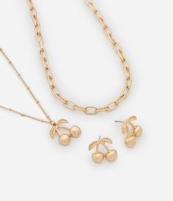 Conjunto de Colar Camadas e Brincos com Pingente de Cerejas