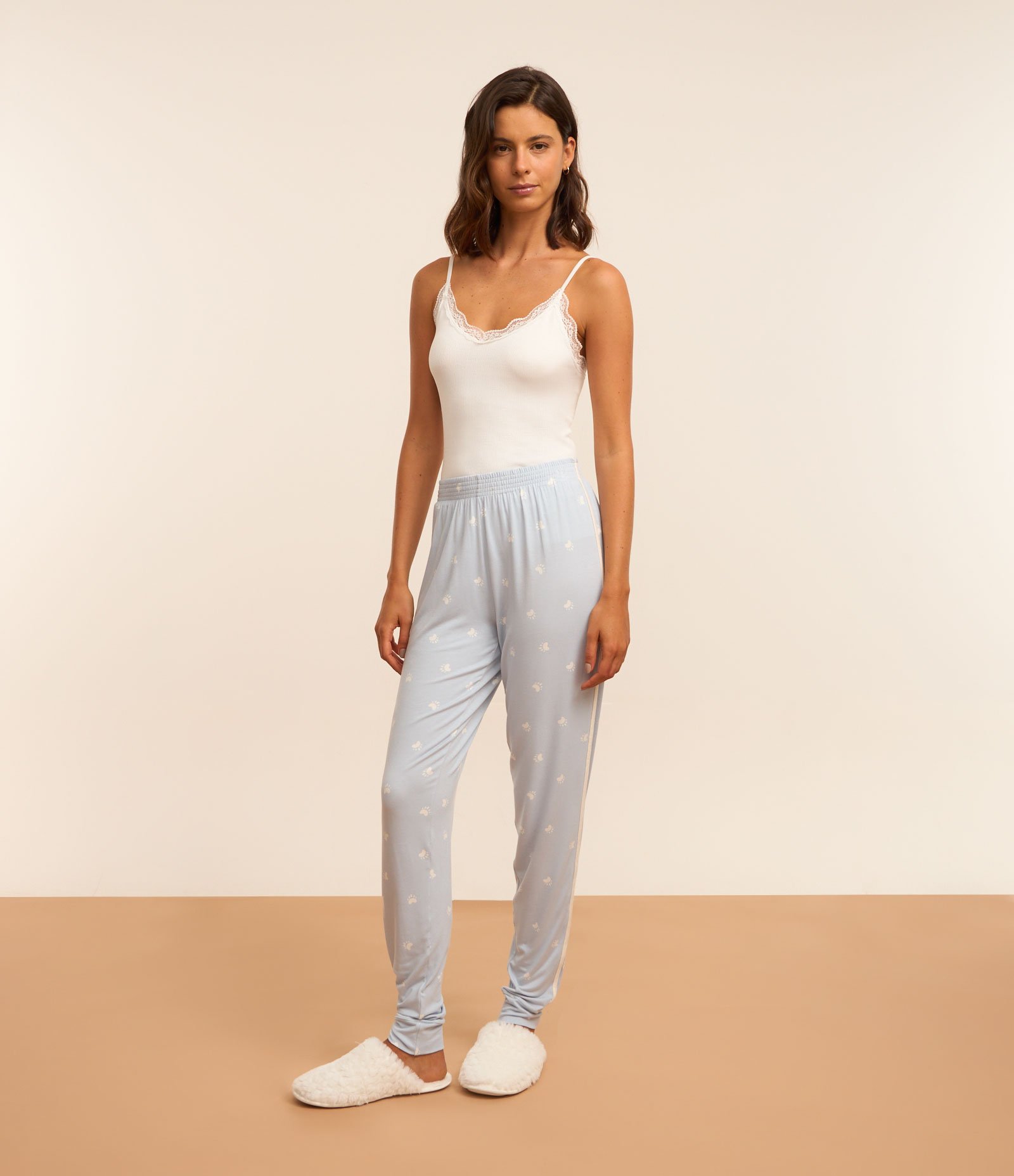 Calça de Pijama em Viscose Estampada de Patinhas Azul 1