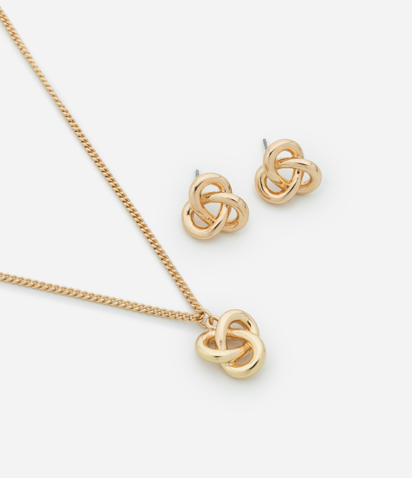 Conjunto de Colar Curto com Pingente e Brinco Botão em Nó Dourado 1