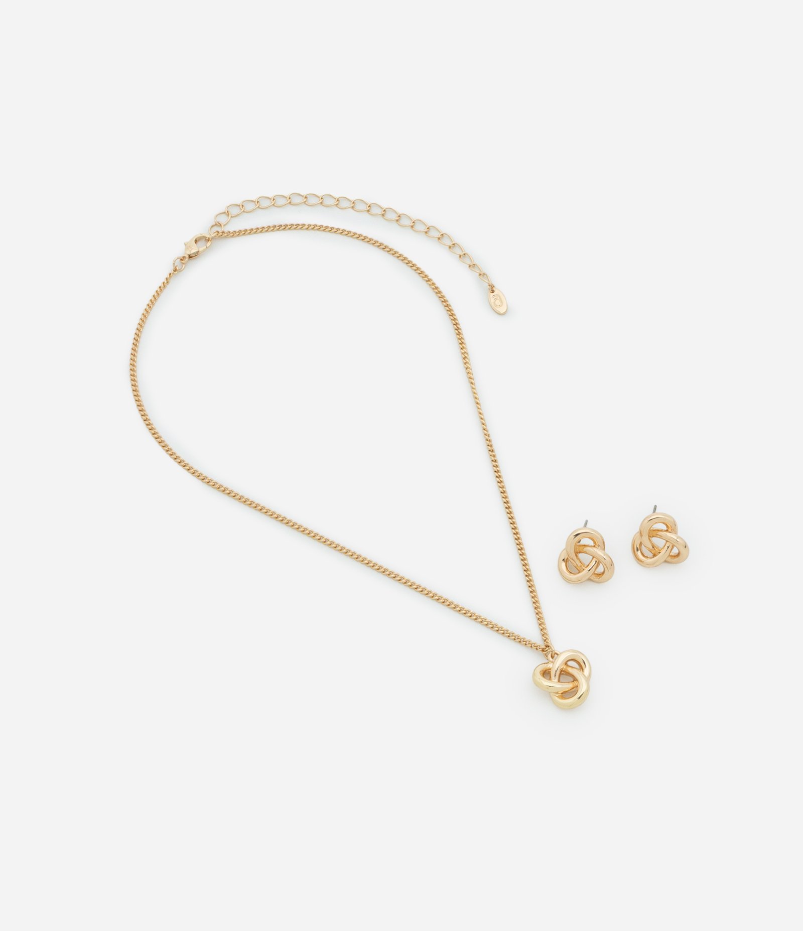 Conjunto de Colar Curto com Pingente e Brinco Botão em Nó Dourado 2