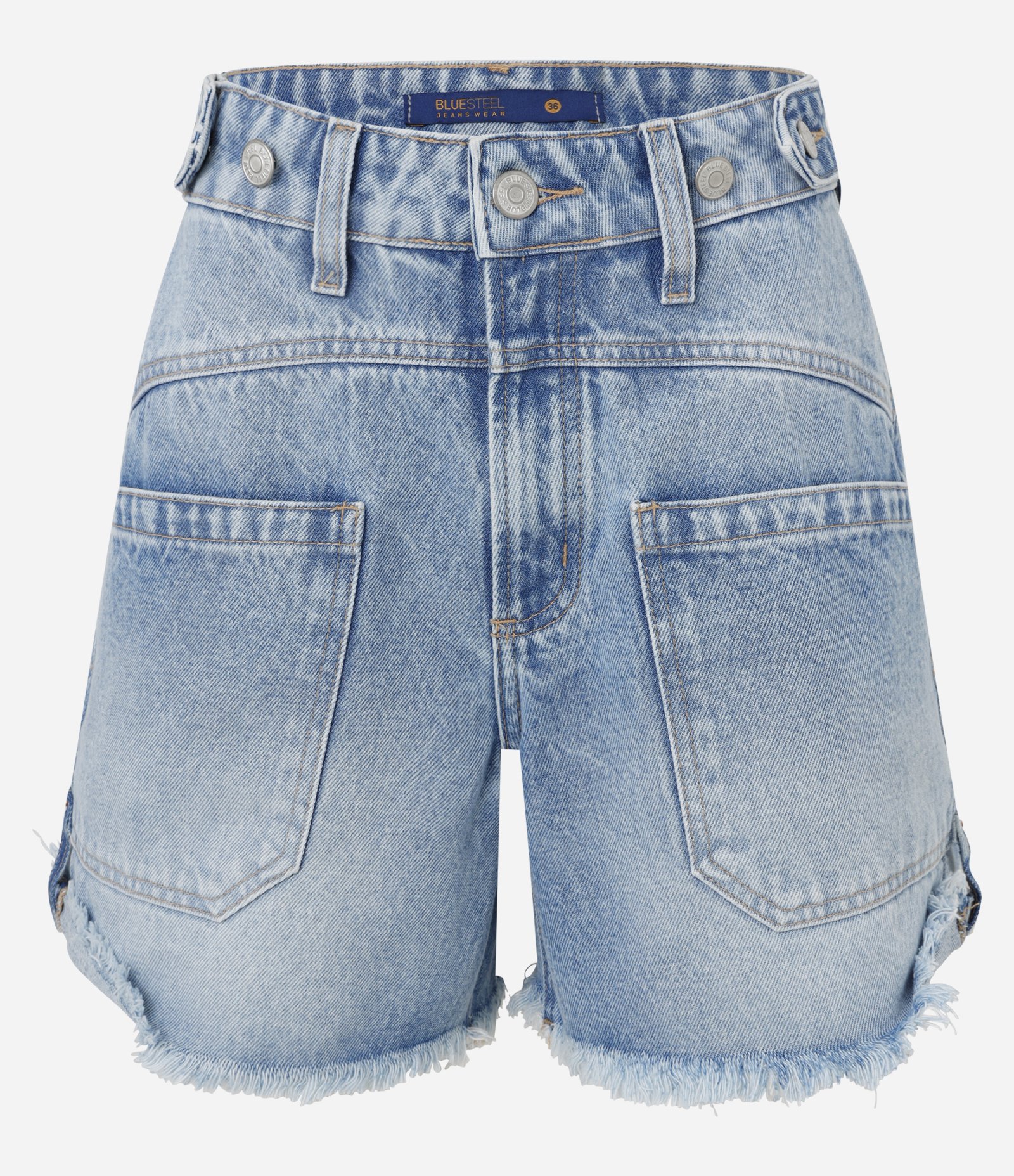 Short em Jeans com Faixa no Cós e Barra Desfeita Azul 5