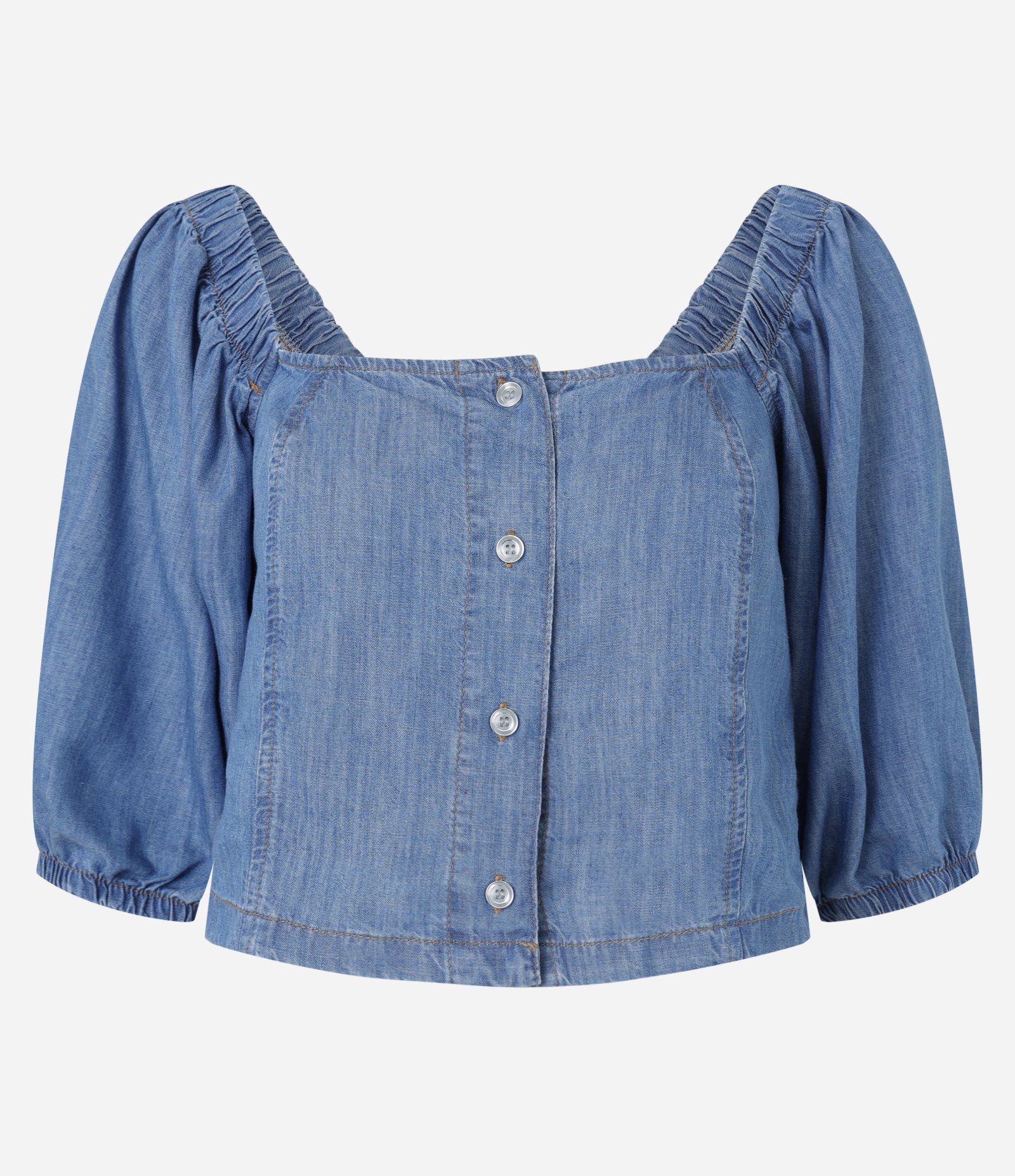 Blusa Curta em Jeans com Mangas Bufantes Azul 5