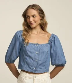 Blusa Curta em Jeans com Mangas Bufantes