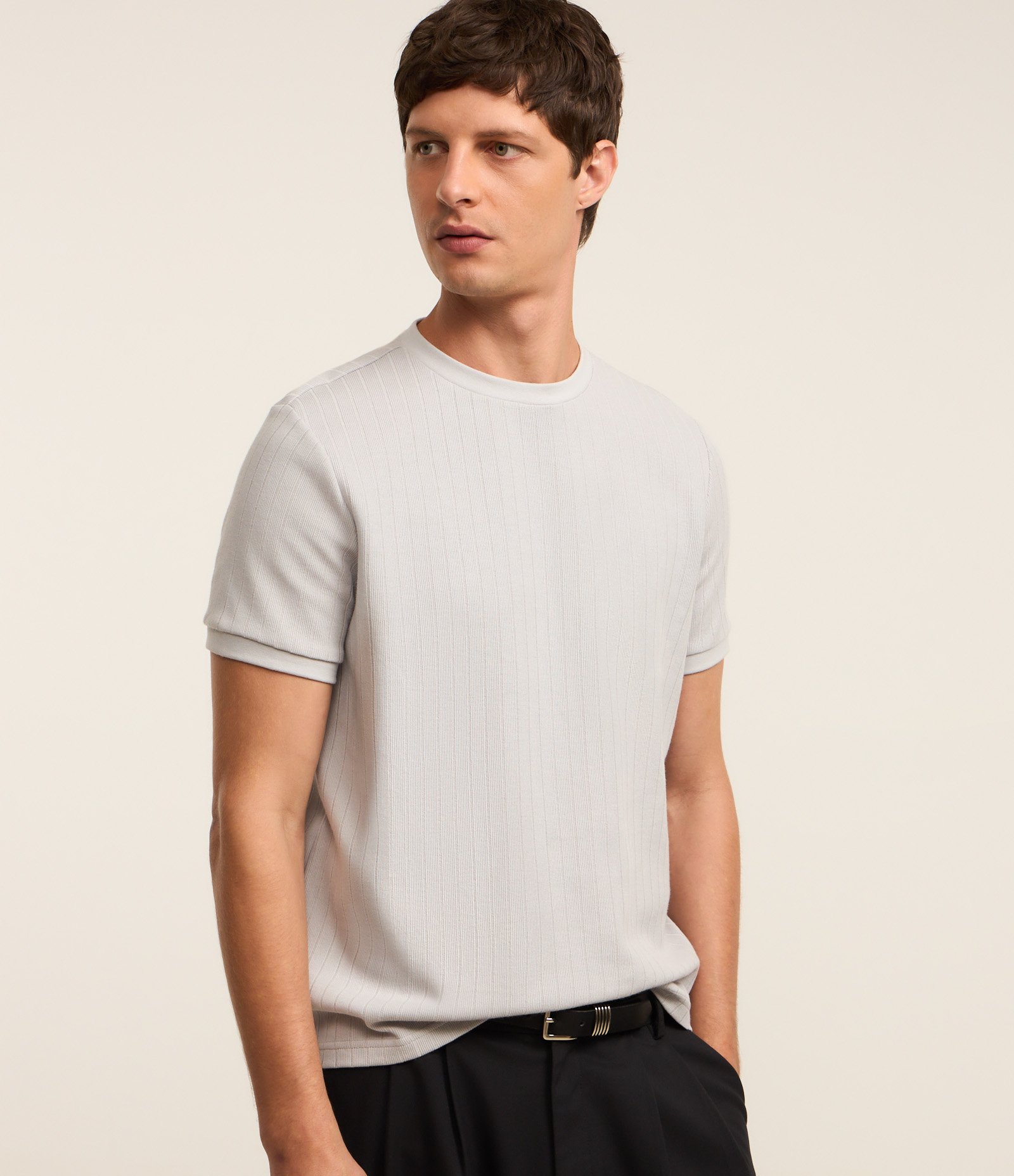 Camiseta Slim em Algodão com Textura Canelada Cinza 1