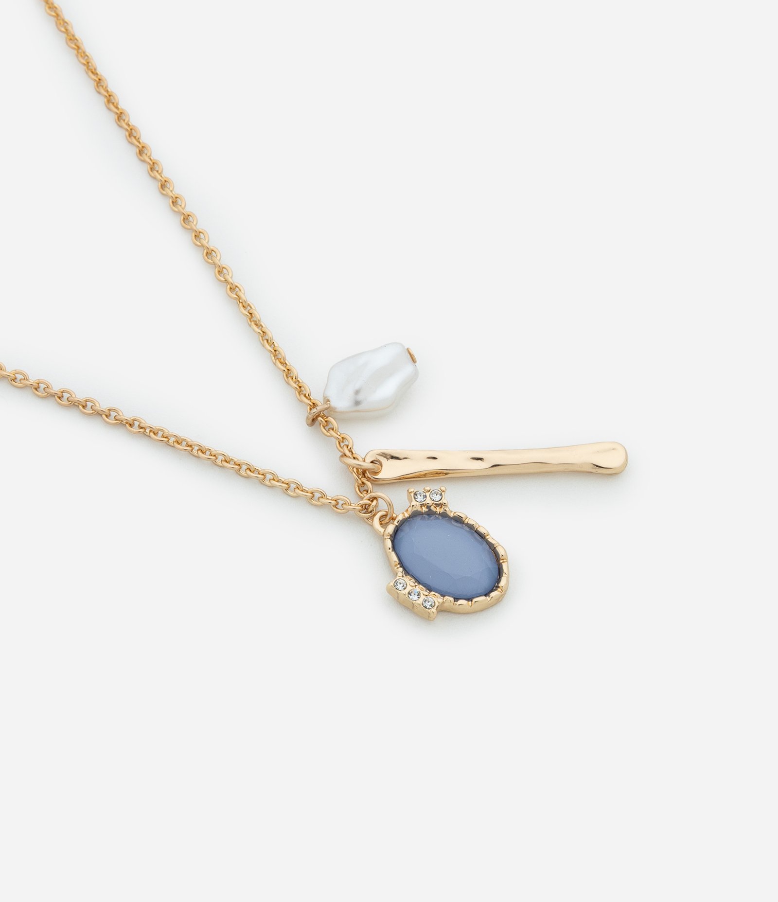 Colar Médio com Pingente de Pérola Artificial Palito e Resina com Strass Dourado 1