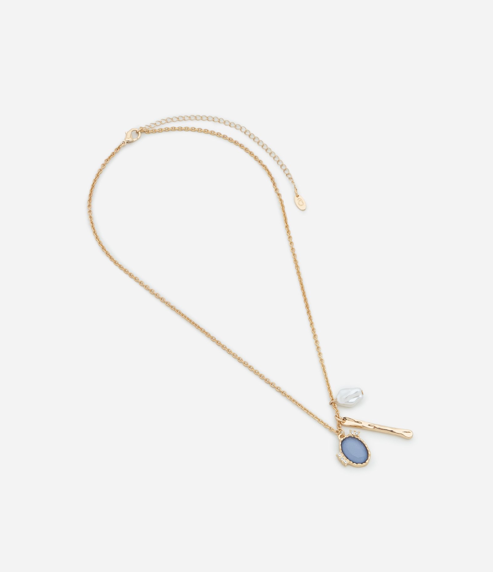 Colar Médio com Pingente de Pérola Artificial Palito e Resina com Strass Dourado 2