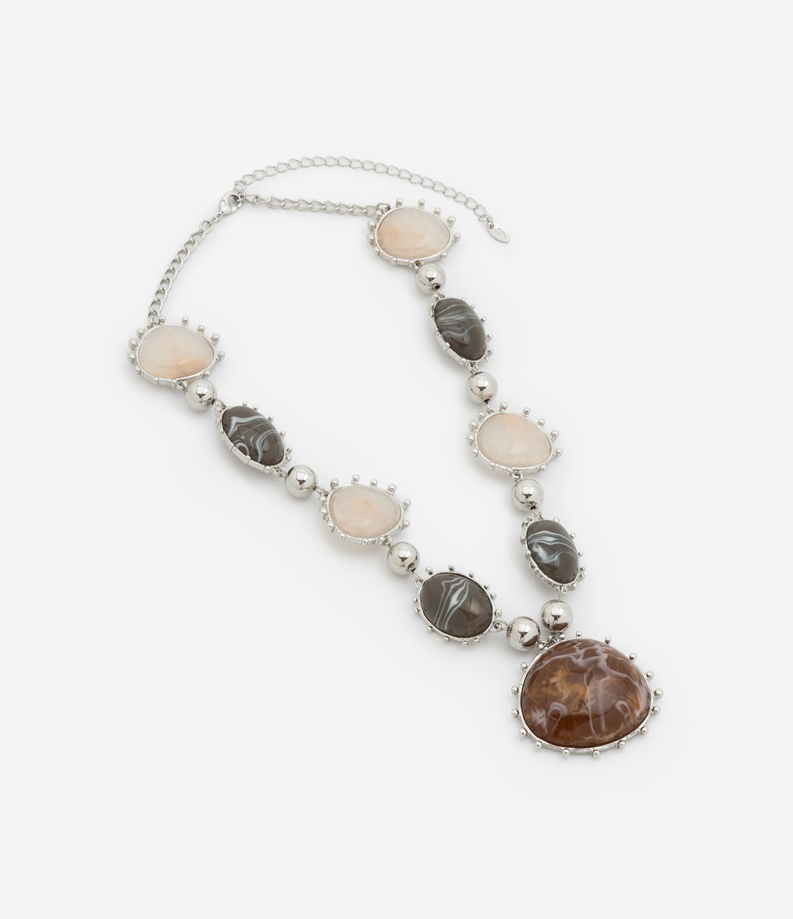 Colar Médio com Resinas Marmorizadas e Beads de Metal Marrom/Bege/Verde