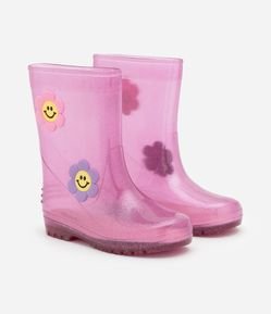 Bota Galocha Infantil com Patch de Florzinhas e Glitter -Tam 25 a 32