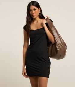 Vestido Curto em Microfibra com Decote Quadrado