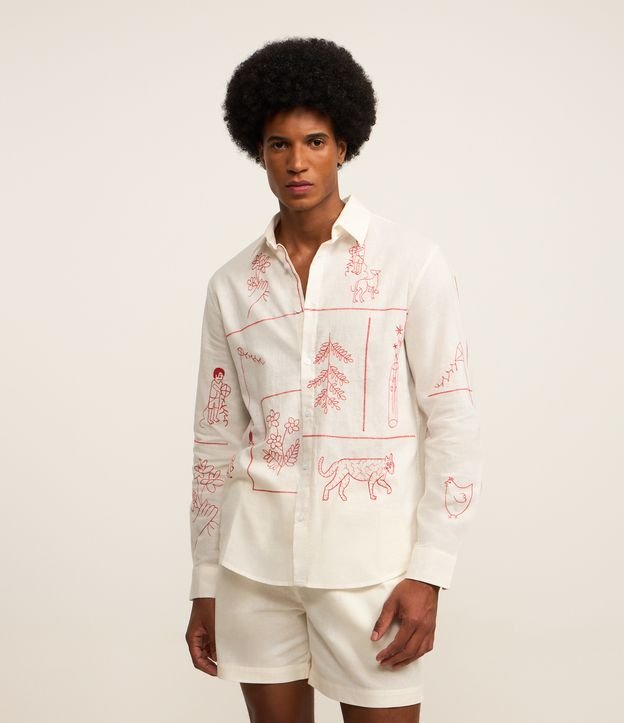Camisa em Linho com Bordado Fino de Elementos da Natureza
