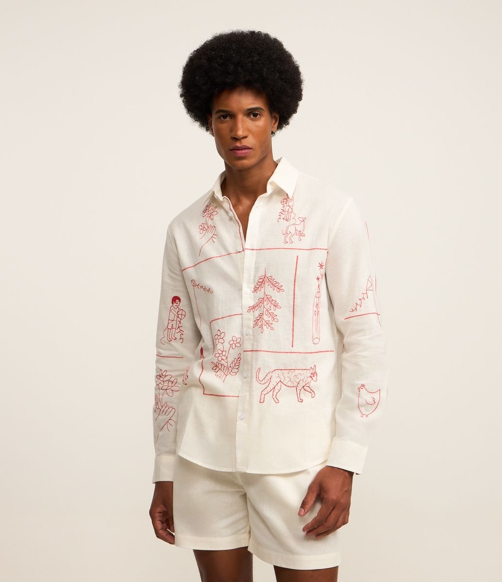 Camisa em Linho com Bordado Fino de Elementos da Natureza Branco