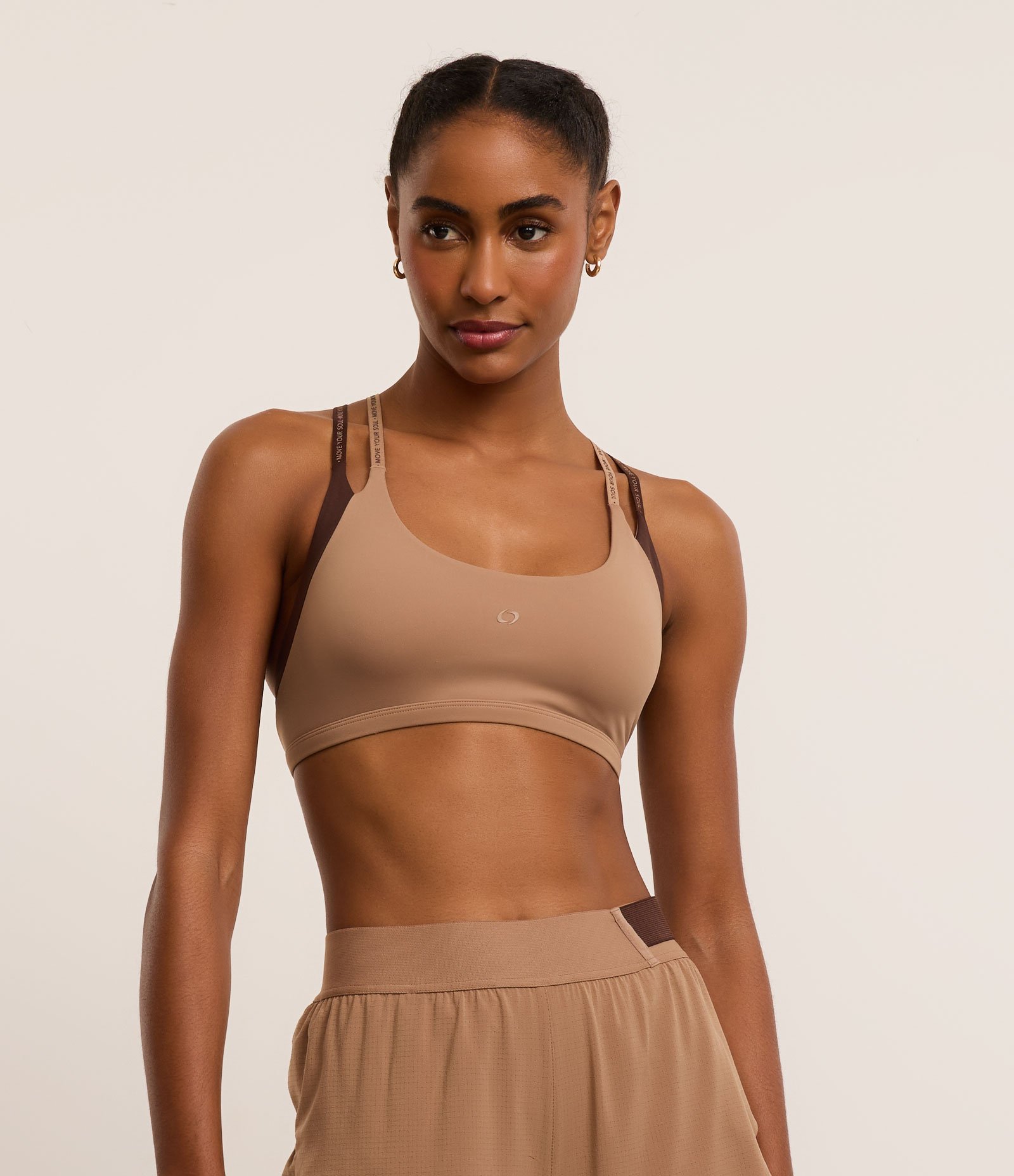 Top Esportivo de Alça Dupla em Microfibra com Contraste Bege 2