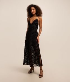 Vestido Frente Única Longo em Jacquard com Textura de Pelinhos