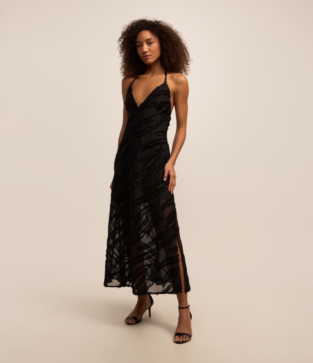 Vestido Frente Única Longo em Jacquard com Textura de Pelinhos Preto