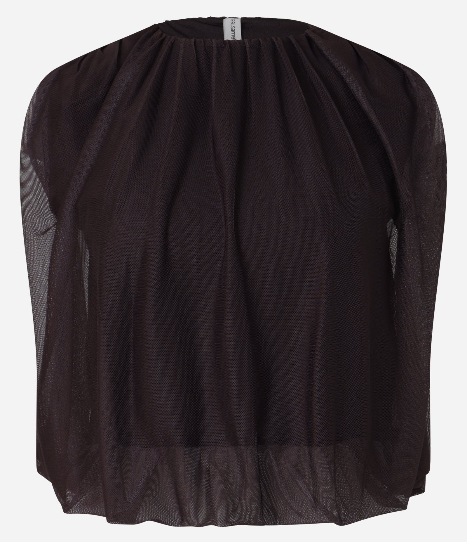 Blusa Balonê Cropped em Tule com Gola Redonda Marrom 6